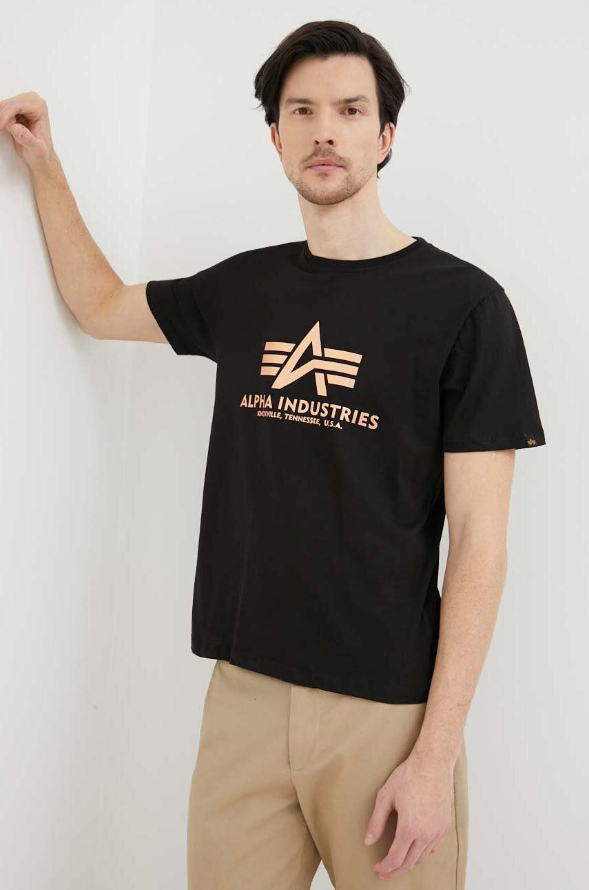 Alpha Industries tricou din bumbac Basic T-Shirt Foil Print culoarea negru, cu imprimeu 100501FP.365-BlackGold