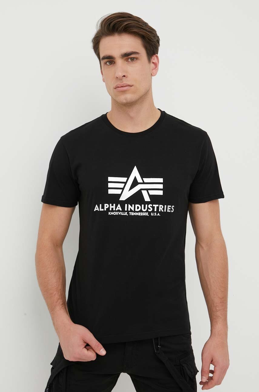 Alpha Industries tricou din bumbac Basic T-Shirt Foil Print culoarea negru, cu imprimeu 100501FP.530-BlackSilve