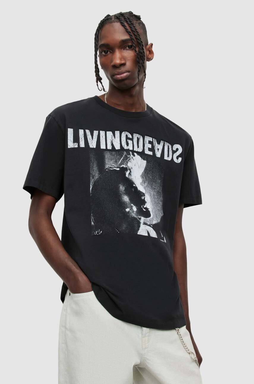 

Бавовняна футболка AllSaints колір чорний з принтом