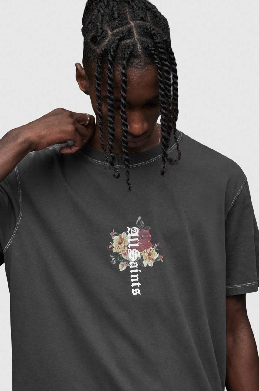 

Памучна тениска AllSaints в черно с принт, Черен