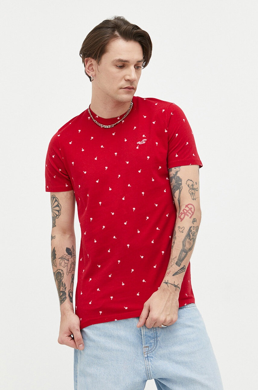 

Памучна тениска Hollister Co. в червено с десен, Червен