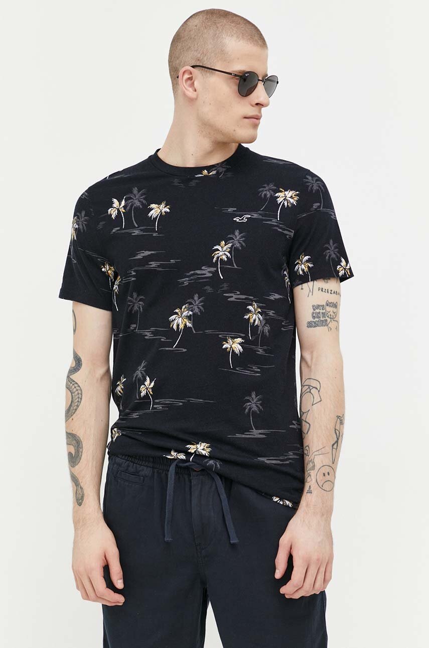 

Памучна тениска Hollister Co. в черно с десен, Черен