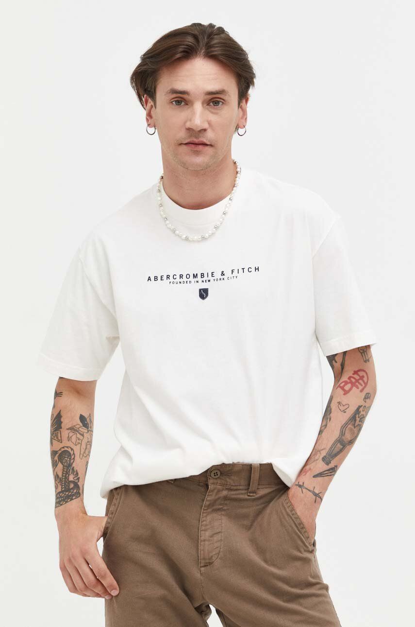 Abercrombie & Fitch tricou din bumbac culoarea bej, cu imprimeu
