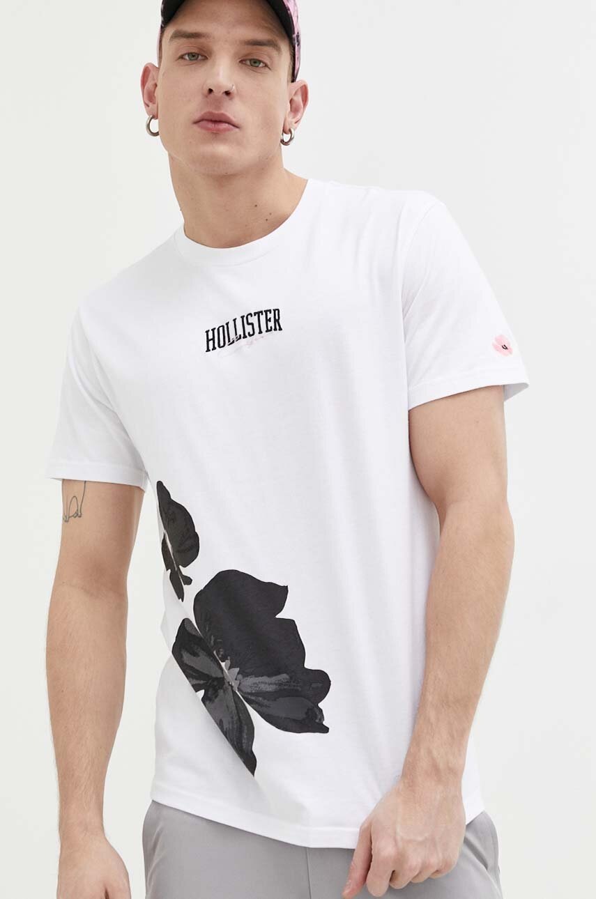 

Памучна тениска Hollister Co. в бяло с десен, Бял