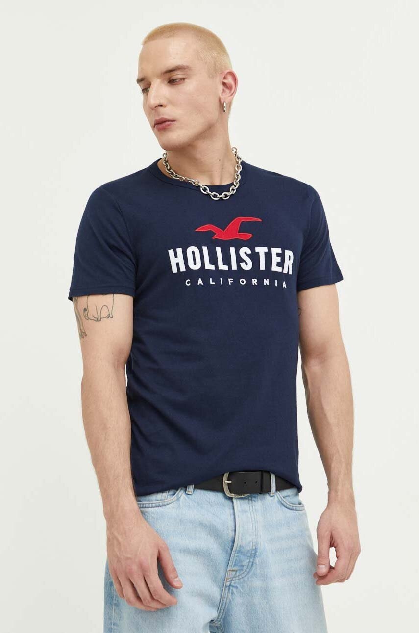 

Памучна тениска Hollister Co. в тъмносиньо с апликация, Тъмносин