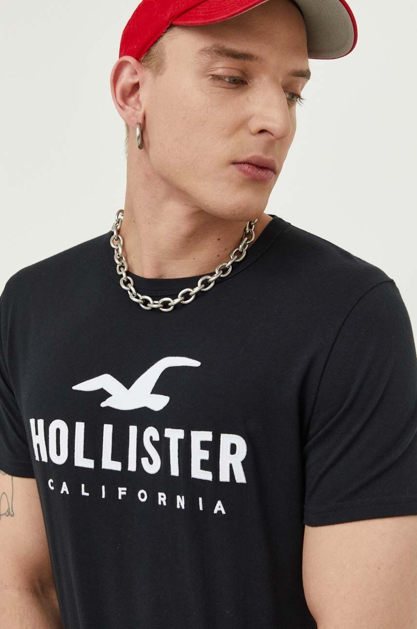 Hollister Co. tricou din bumbac culoarea negru, cu imprimeu
