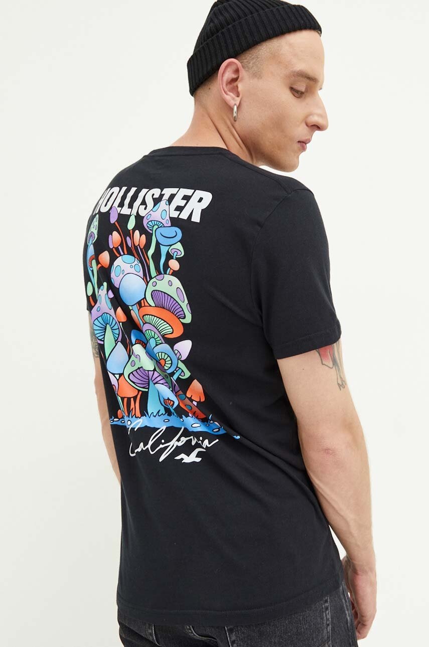 

Памучна тениска Hollister Co. в черно с принт, Черен