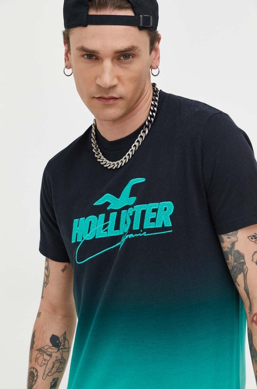 

Памучна тениска Hollister Co. в черно с десен, Черен