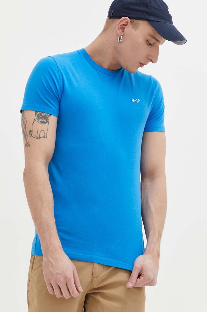 

Памучна тениска Hollister Co. в синьо с изчистен дизайн, Син