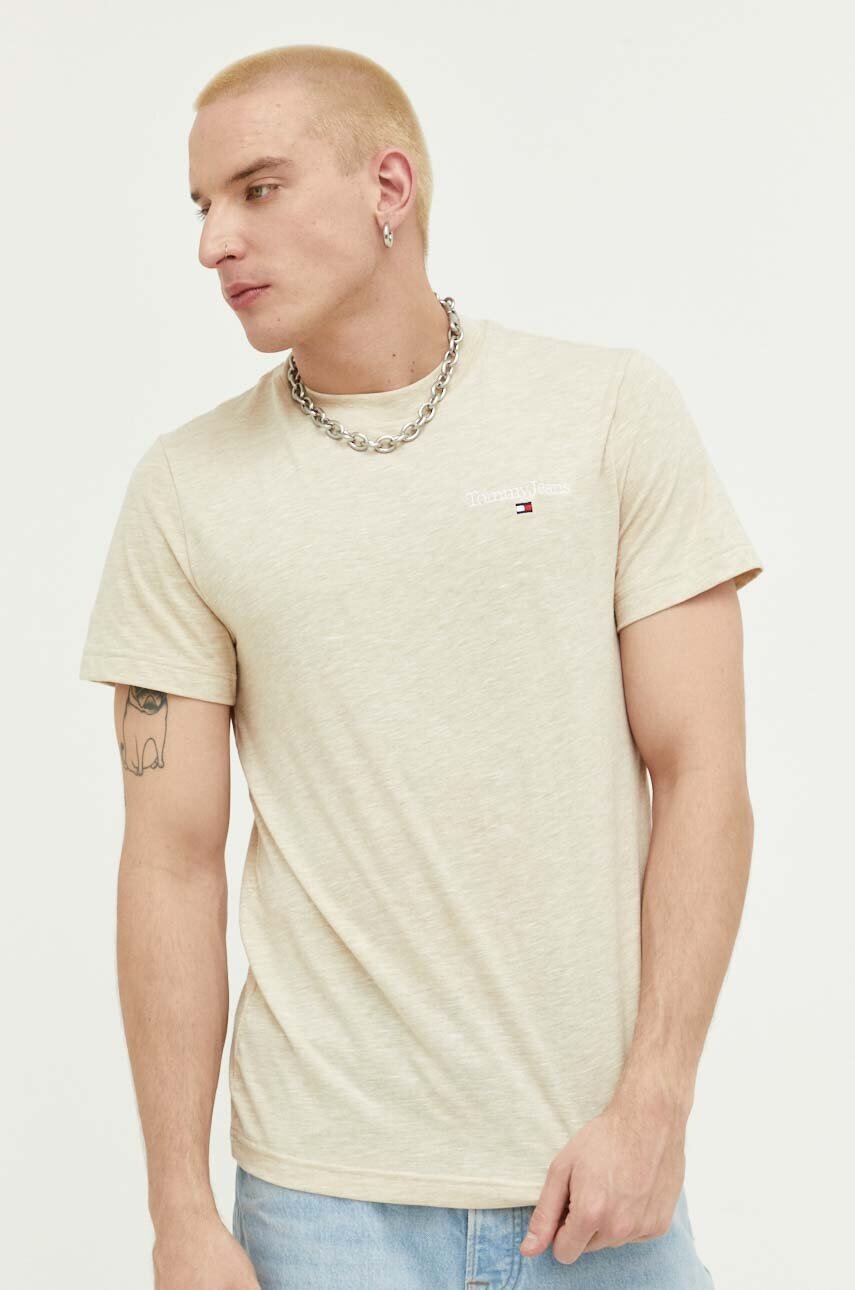 

Футболка Tommy Jeans чоловічий колір бежевий меланж