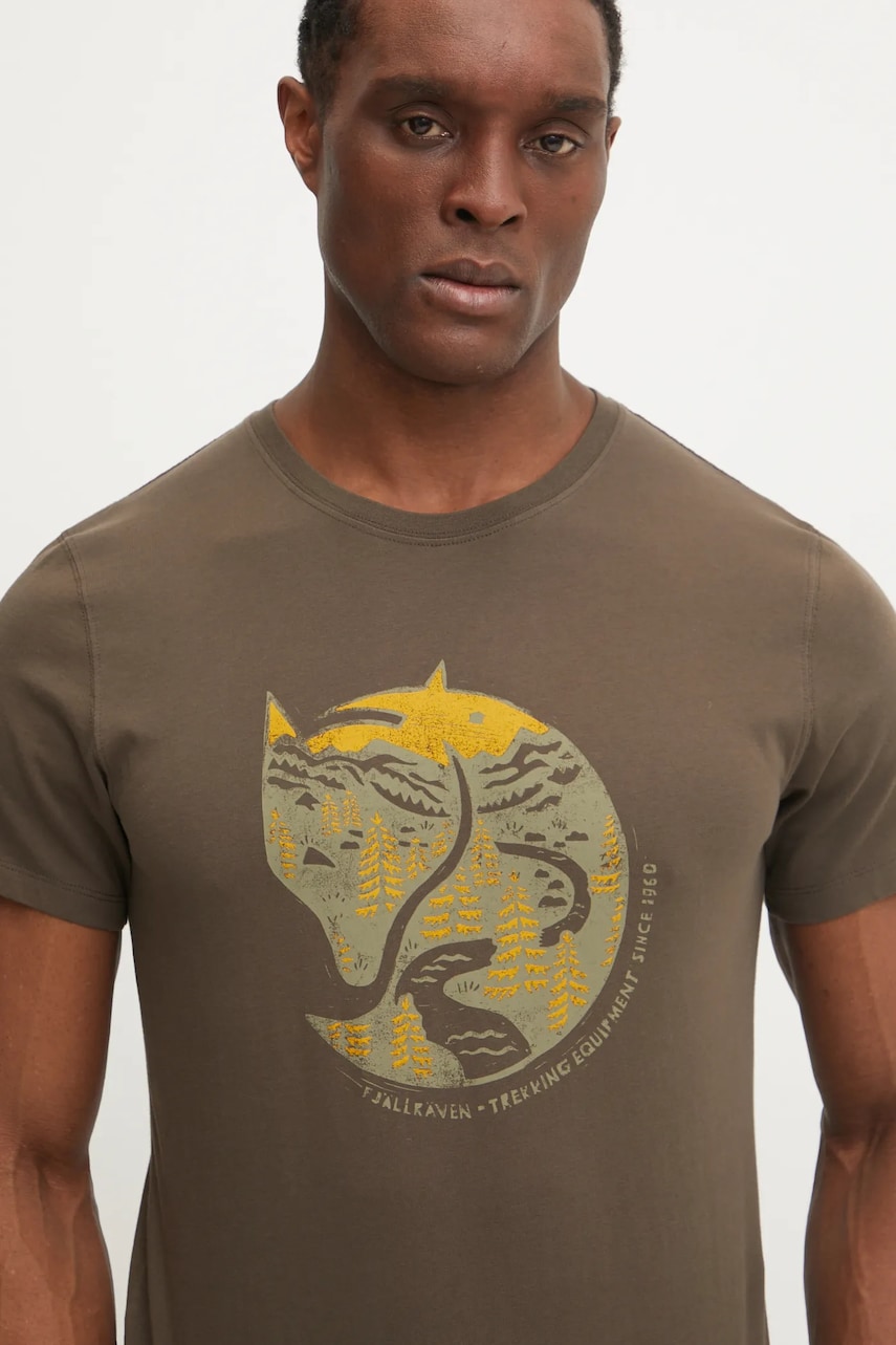 Fjallraven tricou din bumbac culoarea maro, cu imprimeu Fjallraven tricou din bumbac culoarea maro, cu imprimeu