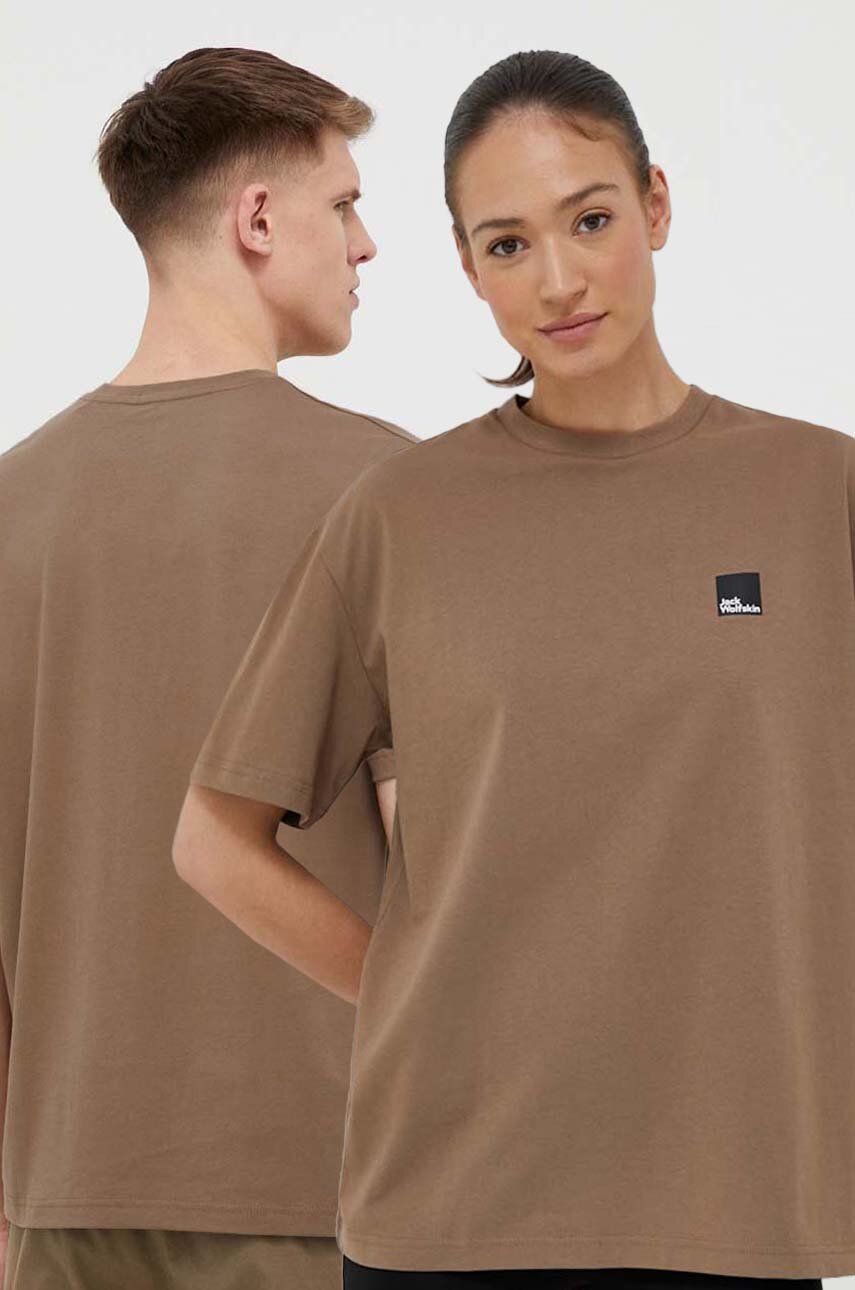 Bavlněné tričko Jack Wolfskin 10 hnědá barva, s potiskem - hnědá -  Hlavní materiál: 100 % Bavl