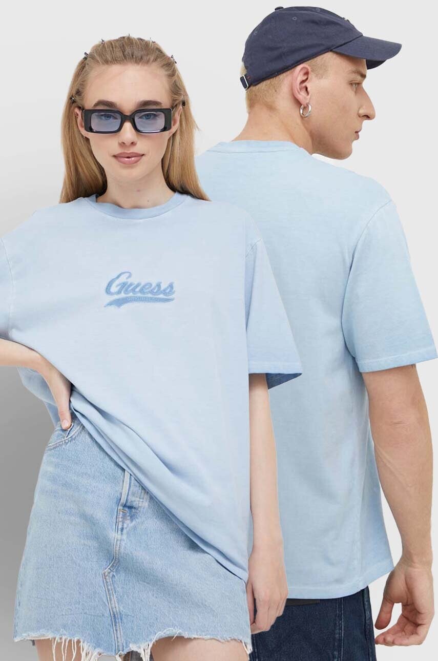 

Памучна тениска Guess Originals в синьо с апликация, Син