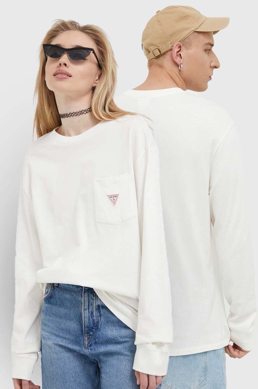 

Бавовняний лонгслів Guess Originals колір бежевий з аплікацією