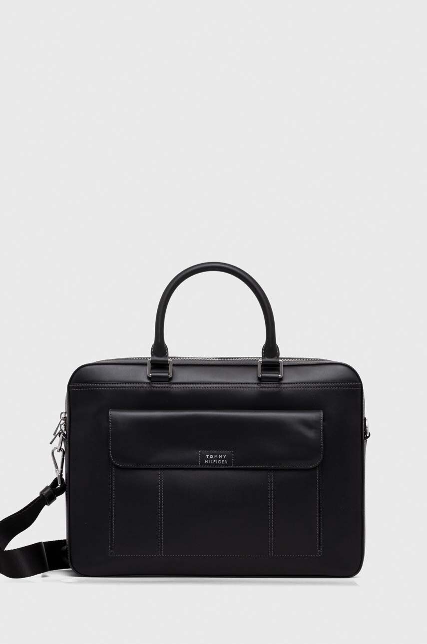 Levně Kožená taška na notebook Tommy Hilfiger černá barva, AM0AM11818