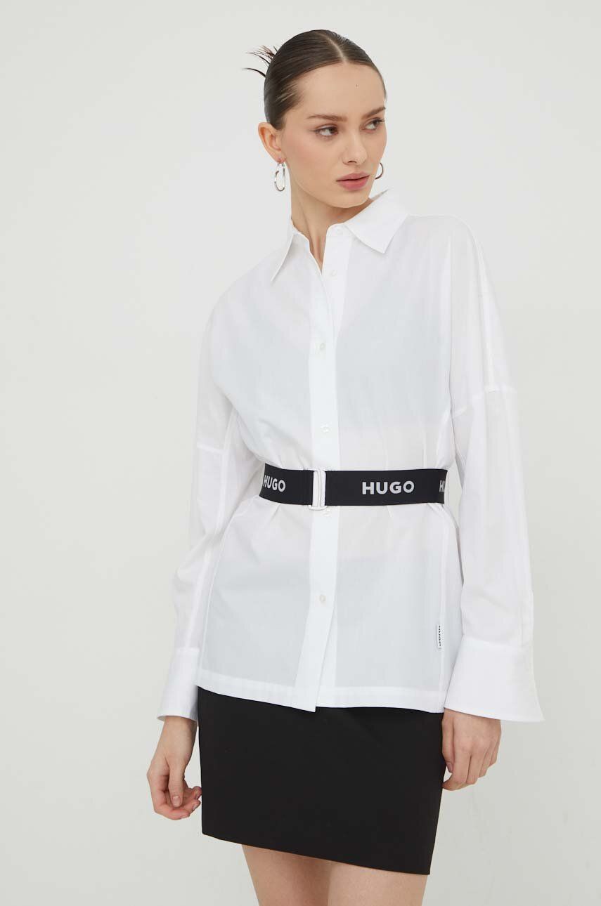 Košile HUGO dámská, bílá barva, relaxed, s klasickým límcem, 50506904