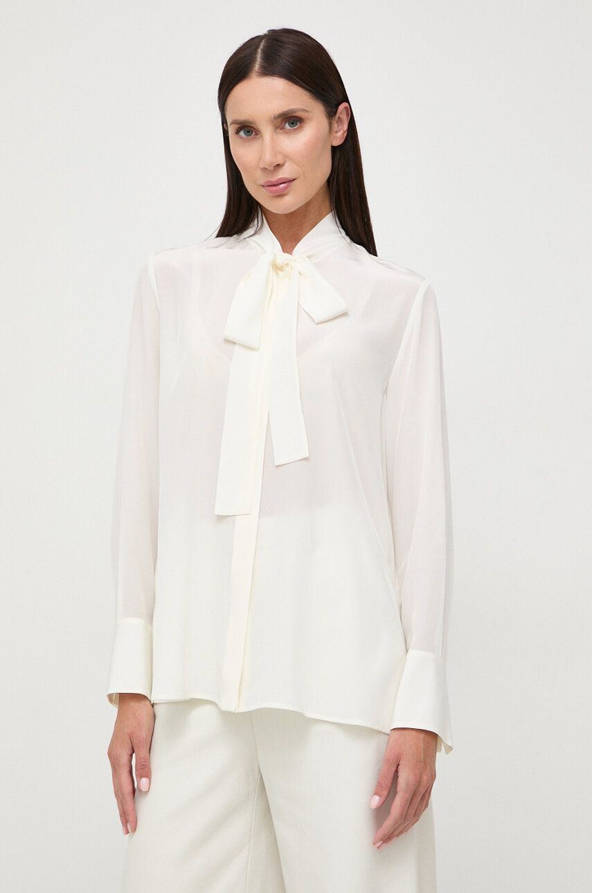 Hedvábná košile BOSS bílá barva, regular, s vázaným výstřihem, 50505934