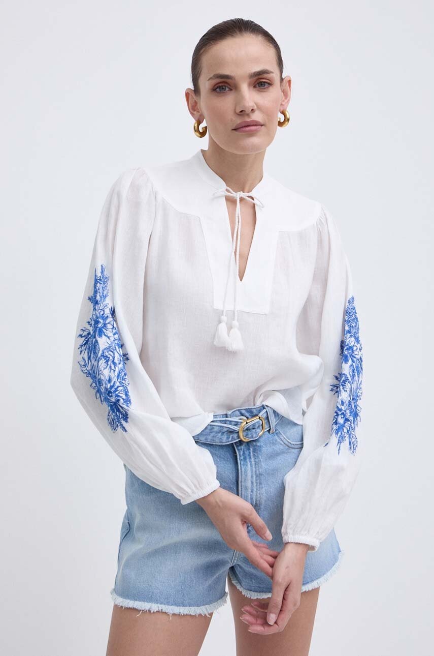 

Ленена блуза Twinset в бяло с апликация, Бял