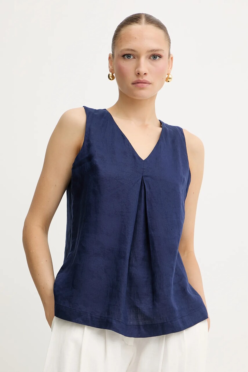 United Colors of Benetton bluză din in culoarea bleumarin, neted, 5BMLDQ06W