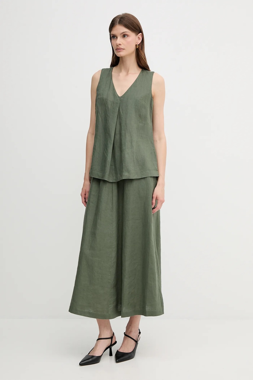 Льняная блузка United Colors of Benetton цвет зелёный однотонная 5BMLDQ06W