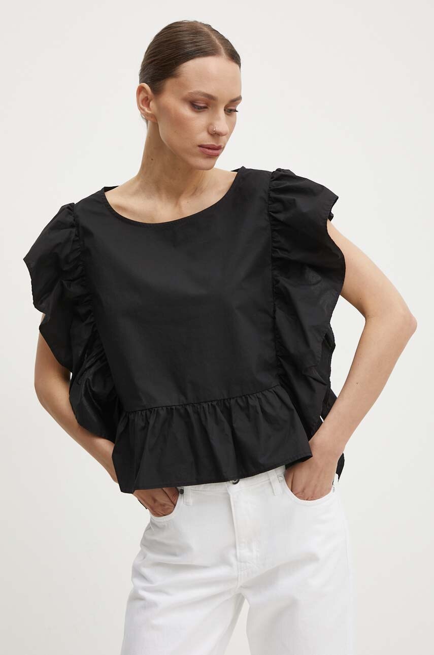 Sisley bluza din bumbac femei, culoarea negru, neted Sisley bluza din bumbac femei, culoarea negru, neted