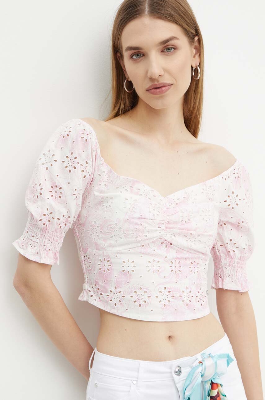 Βαμβακερή μπλούζα Guess PALMA γυναικεία, χρώμα: ροζ, W4GH68 WG571 φωτογραφία