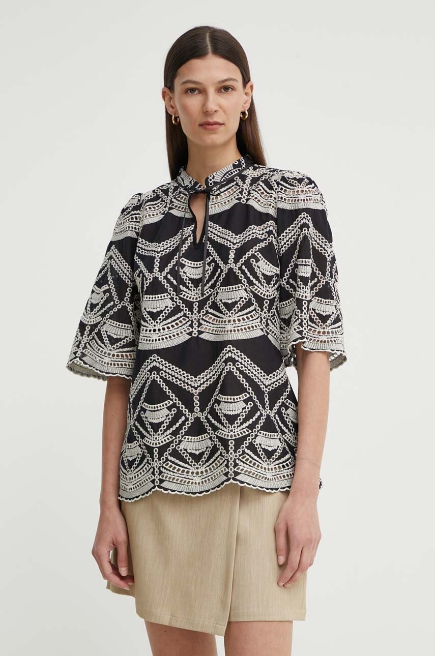Bruuns Bazaar bluza din bumbac ArvensisBBLarin shirt femei, culoarea negru, cu imprimeu, BBW3921 Bruuns Bazaar bluza din bumbac ArvensisBBLarin shirt femei, culoarea negru, cu imprimeu, BBW3921