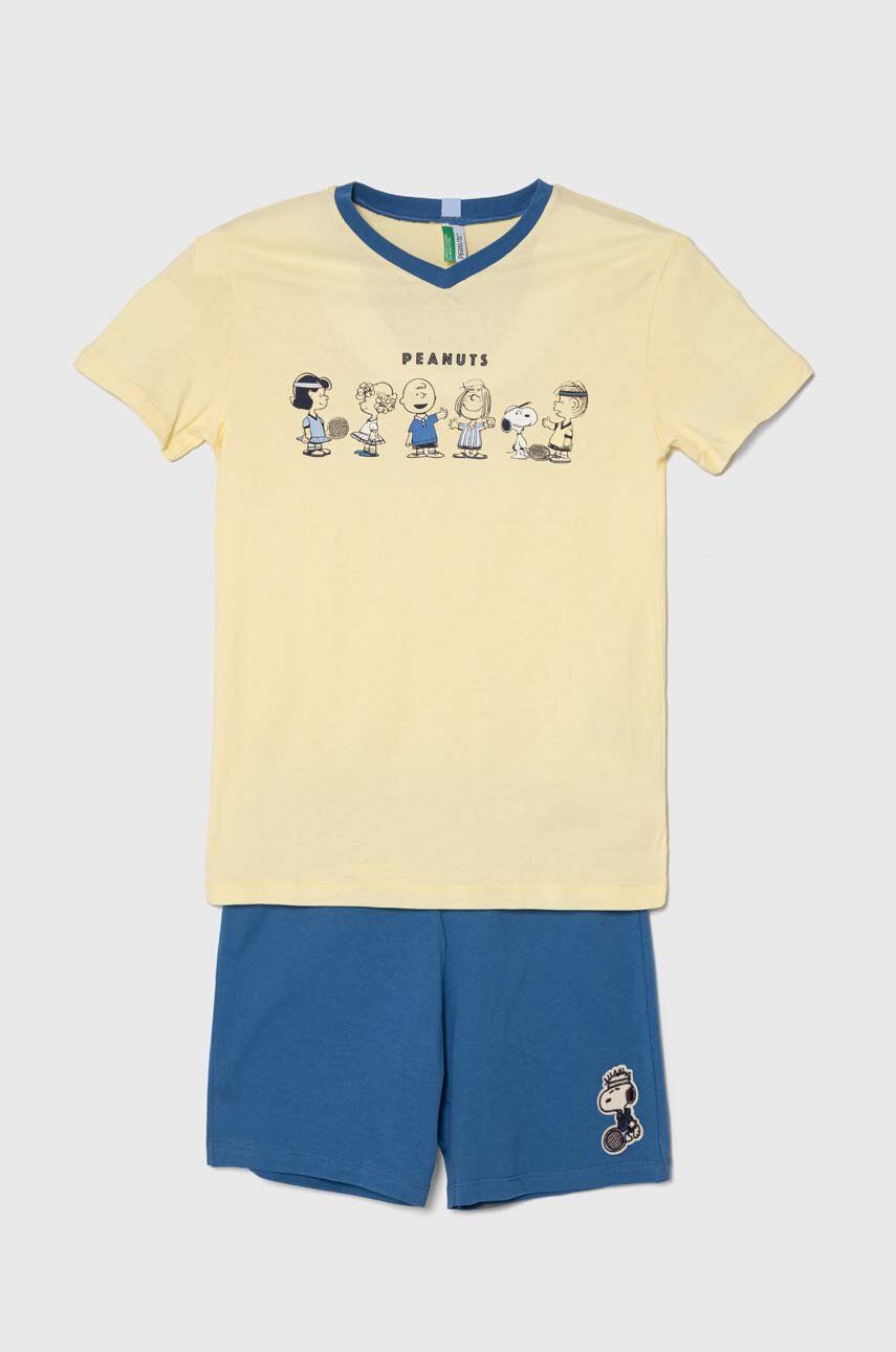 United Colors of Benetton pijamale de bumbac pentru copii culoarea galben, cu imprimeu