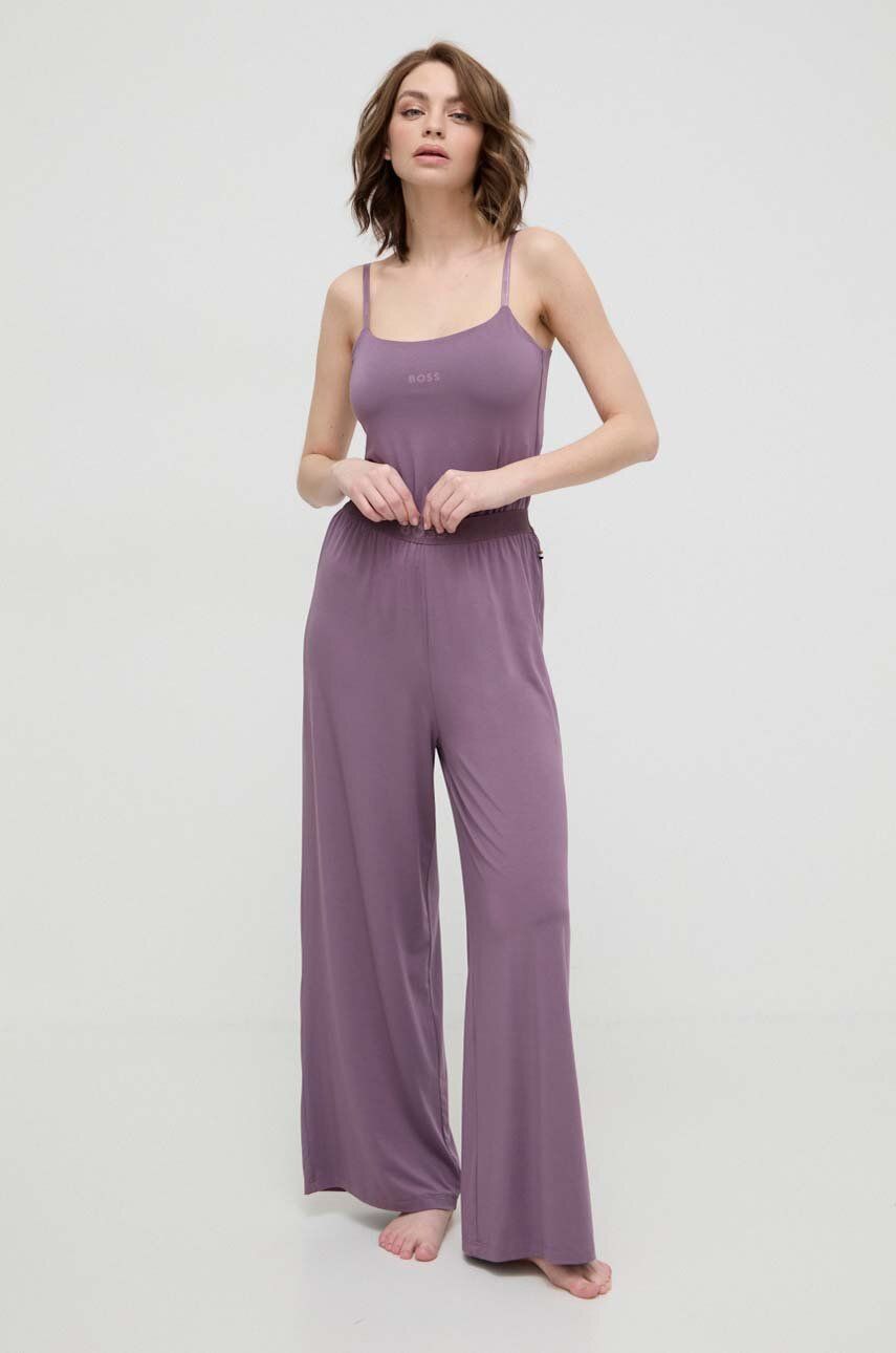 BOSS pantaloni de lounge culoarea violet, drept, high waist