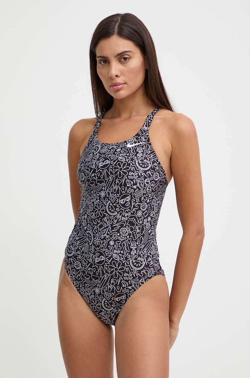 

Цял бански Nike Hydrastrong Multi Print в черно с меки чашки, Черен