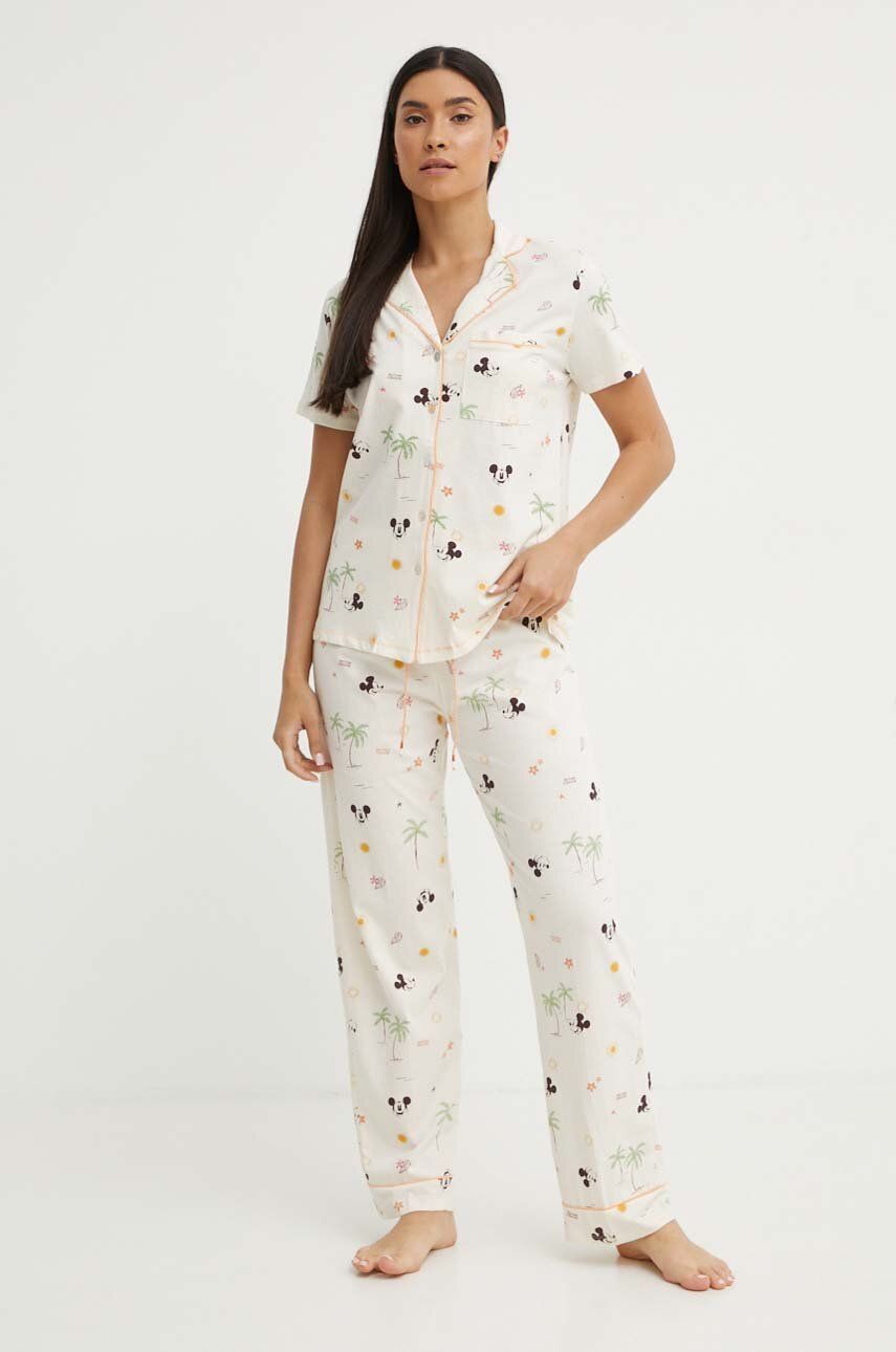 women'secret pijamale de bumbac Mickey x Disney culoarea bej, bumbac, 3137661