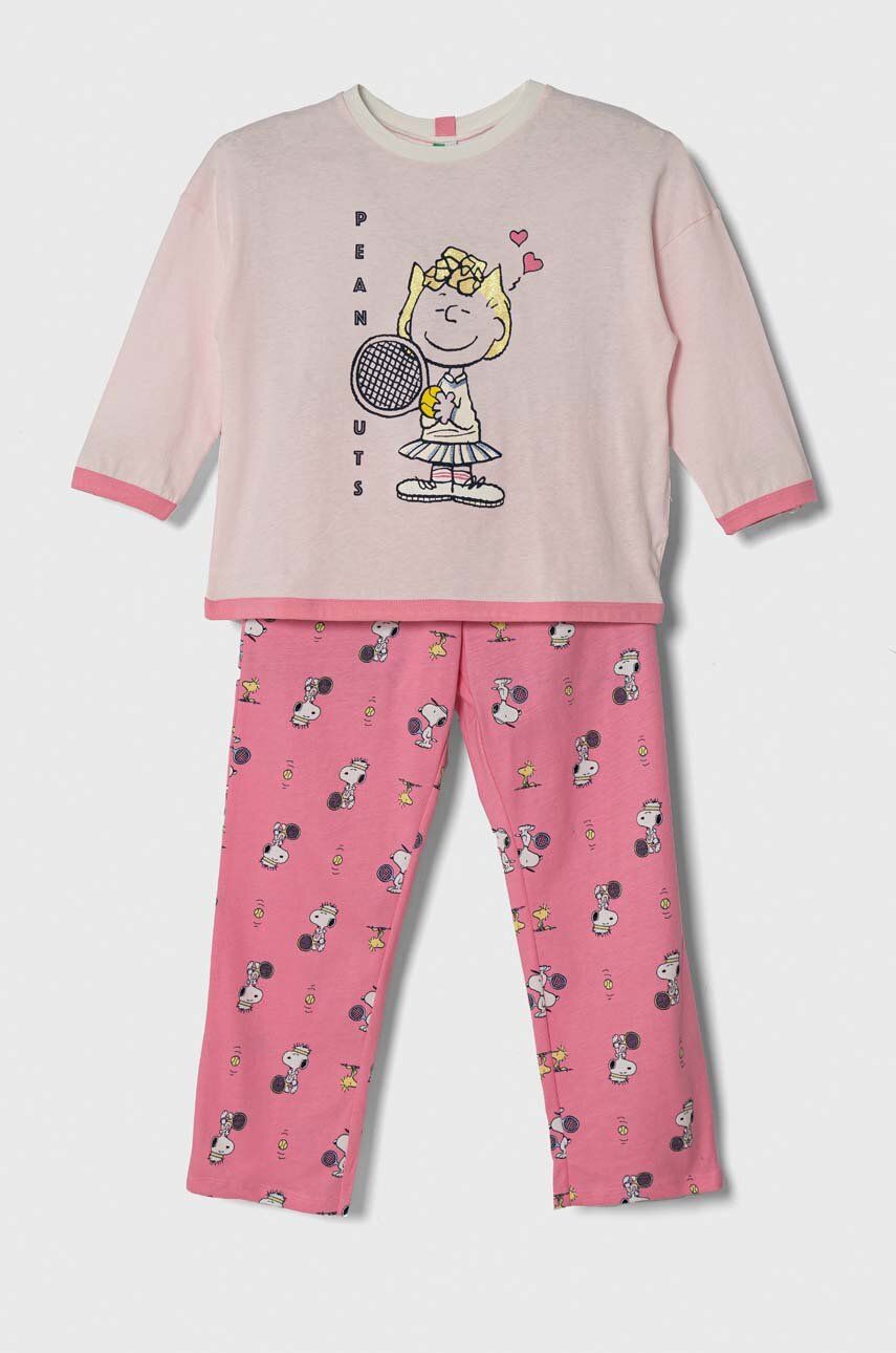 United Colors of Benetton pijamale de bumbac pentru copii x Snoopy culoarea roz, modelator