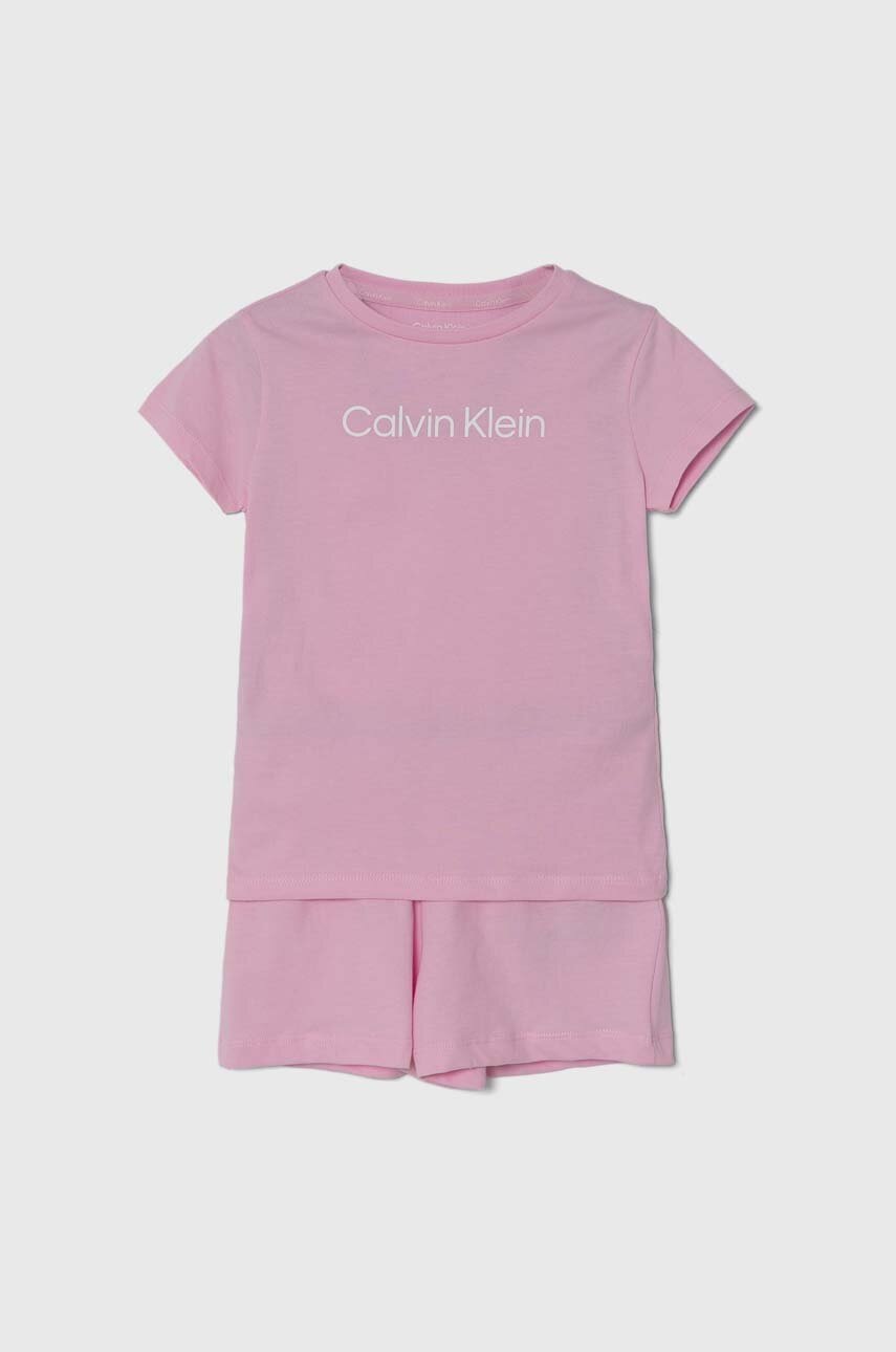 

Детска памучна пижама Calvin Klein Underwear в розово с принт, Розов