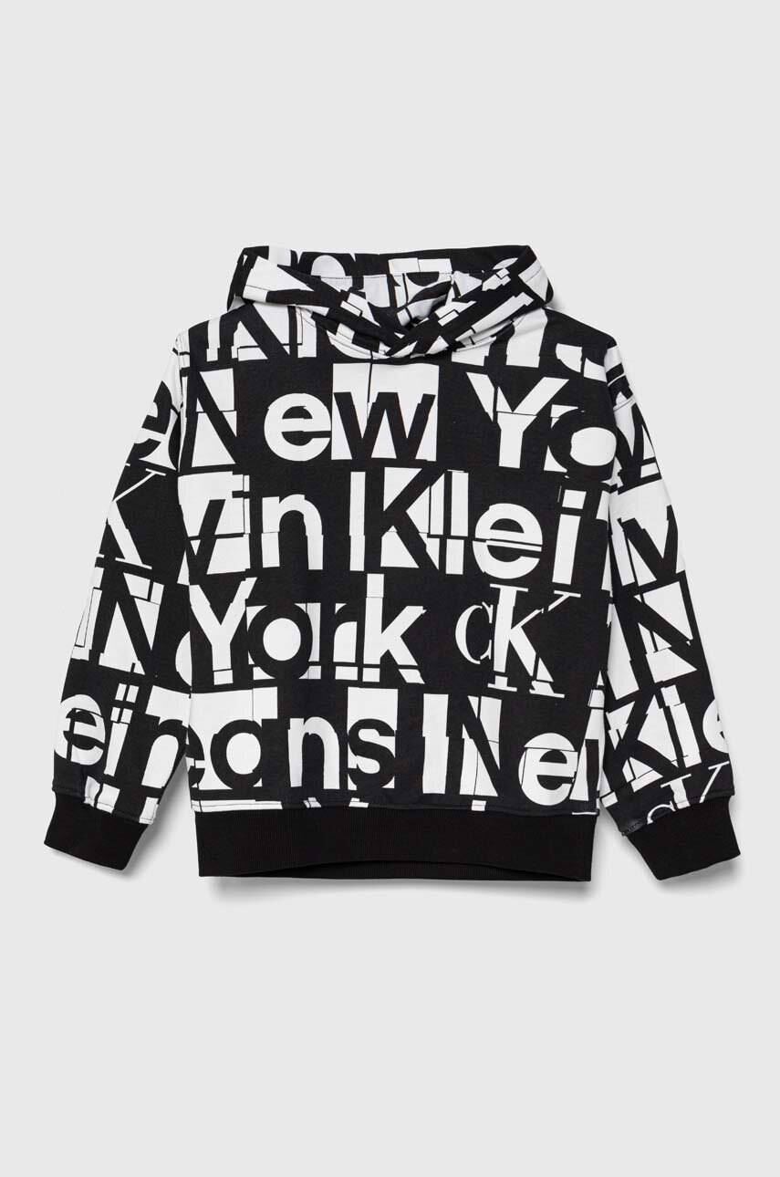 

Детски памучен суичър Calvin Klein Jeans в черно с качулка с десен, Черен
