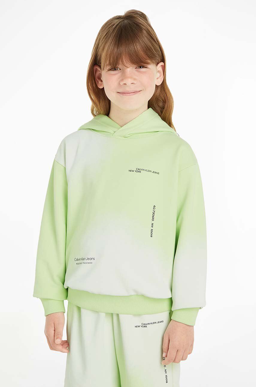 Levně Dětská bavlněná mikina Calvin Klein Jeans zelená barva, s kapucí, vzorovaná