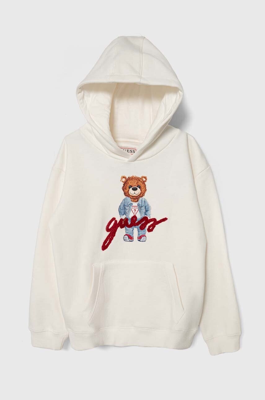 

Детская кофта Guess цвет белый с капюшоном с принтом