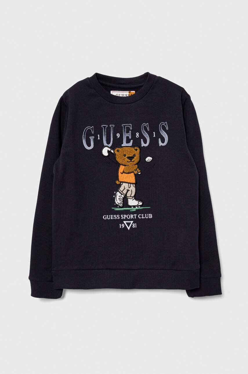 

Детски памучен суичър Guess в тъмносиньо с апликация, Тъмносин