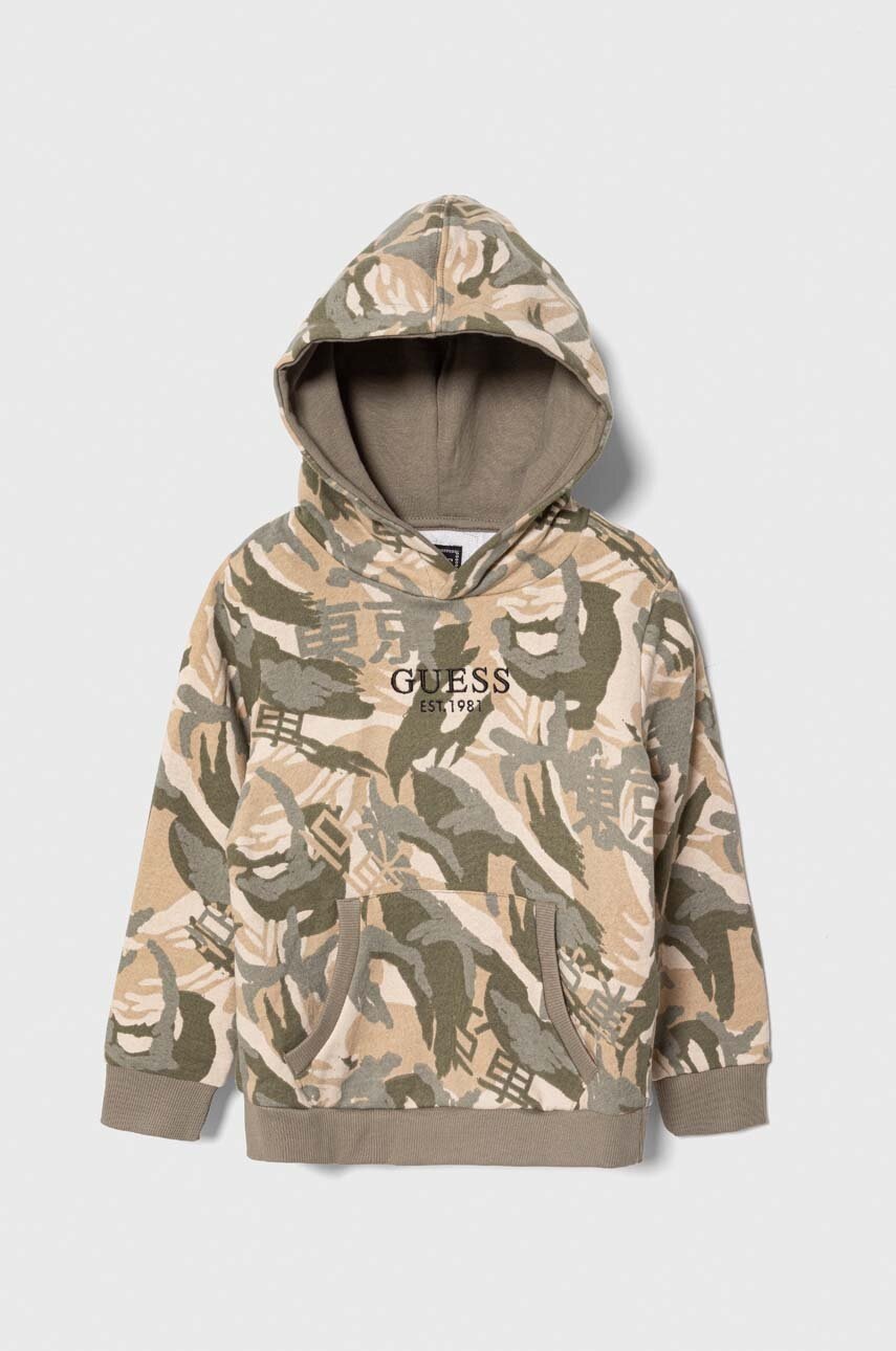 

Детски памучен суичър Guess в зелено с качулка с десен, Зелен