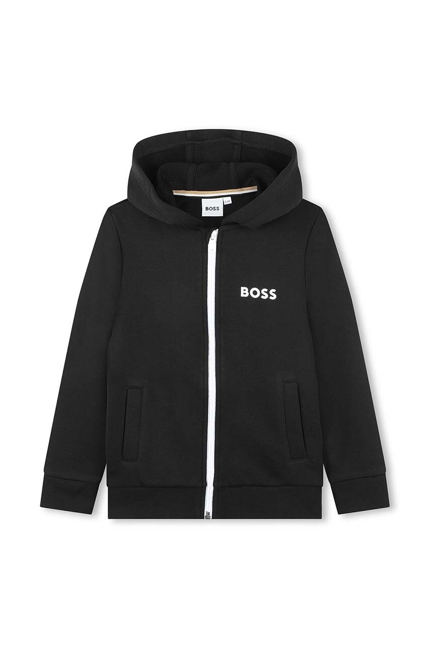 BOSS bluza copii culoarea negru, cu glugă, neted