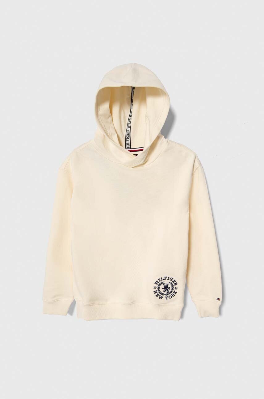 

Дитяча бавовняна кофта Tommy Hilfiger колір бежевий з капюшоном з аплікацією