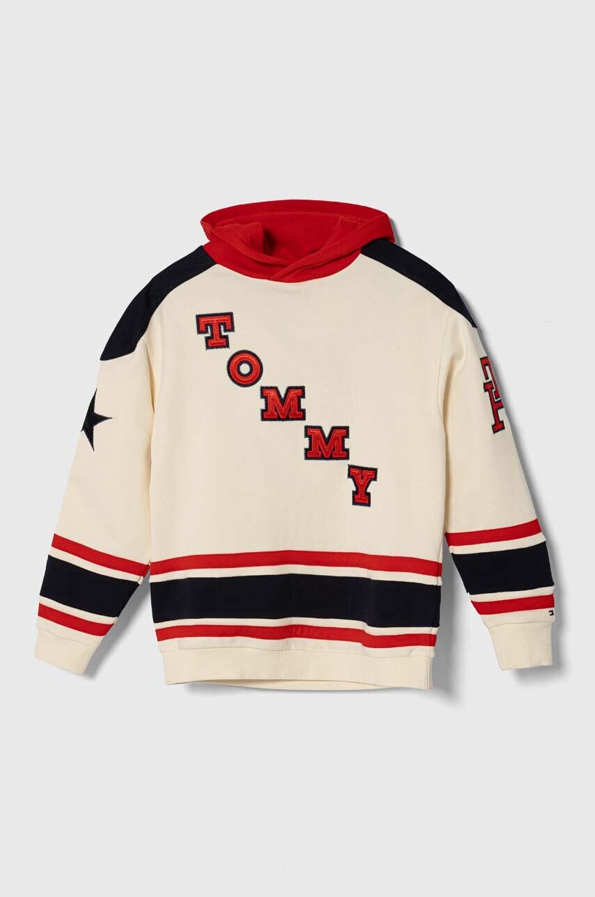 

Детская хлопковая кофта Tommy Hilfiger цвет бежевый с капюшоном с аппликацией