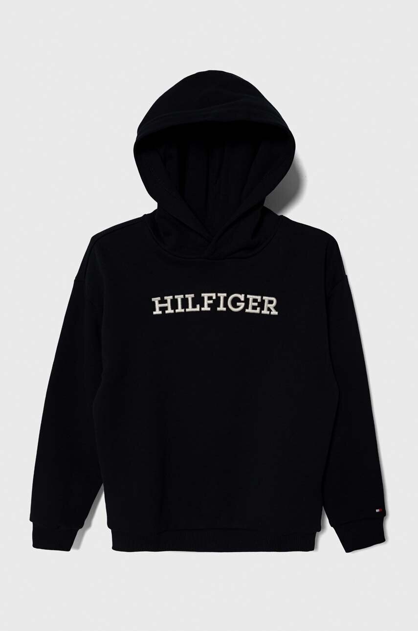 

Дитяча бавовняна кофта Tommy Hilfiger колір синій з капюшоном з аплікацією