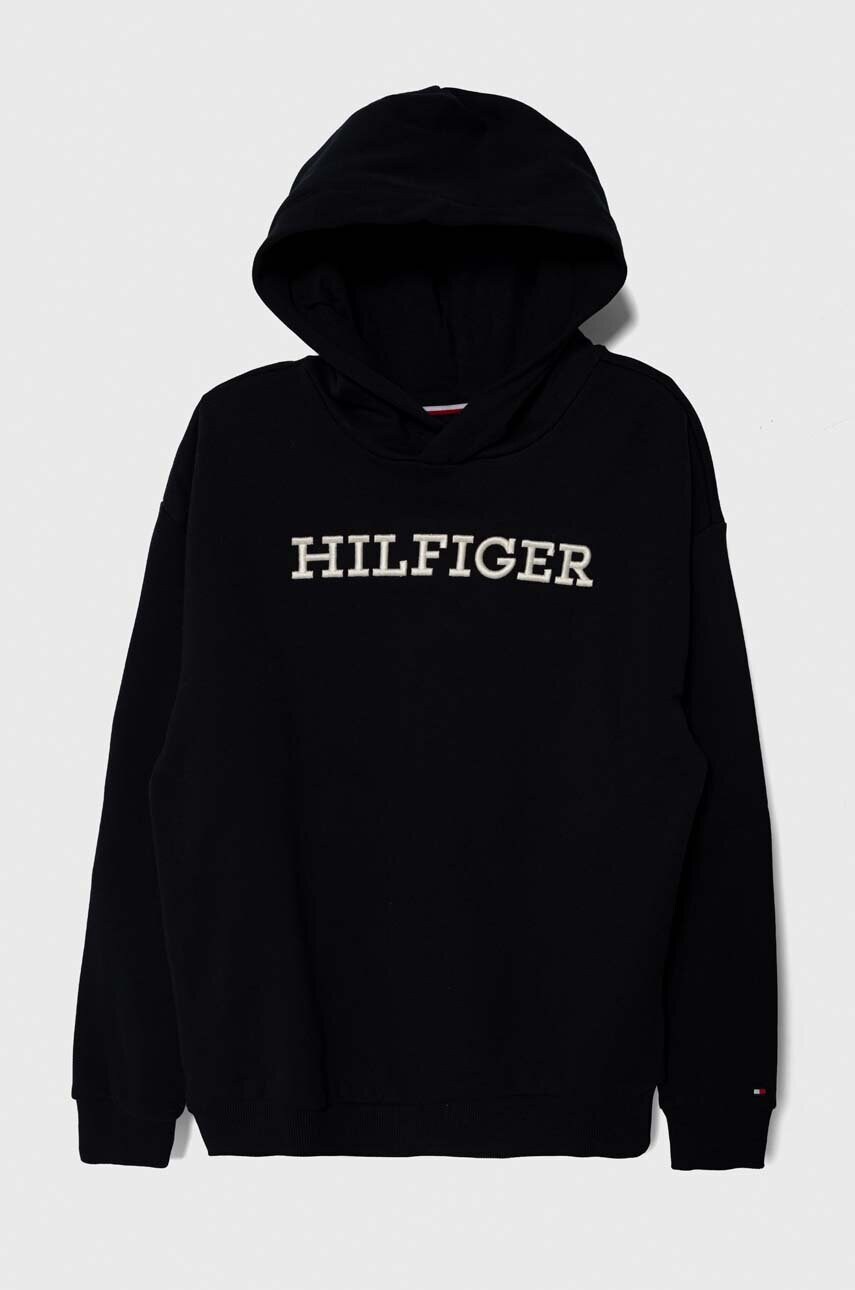 

Детски памучен суичър Tommy Hilfiger в тъмносиньо с качулка с апликация, Тъмносин