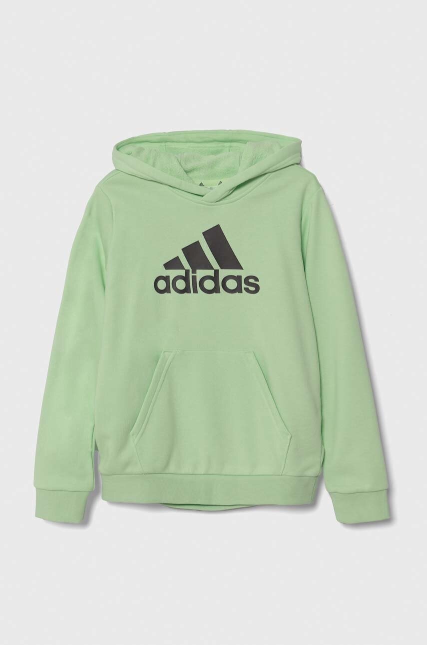 Levně Dětská mikina adidas zelená barva, s kapucí, s potiskem