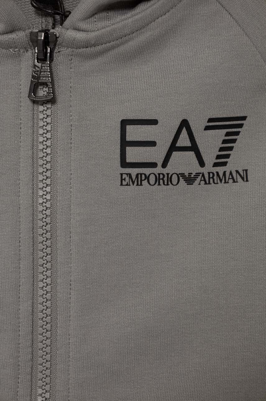 EA7 Emporio Armani Hanorac De Bumbac Pentru Copii Culoarea Gri, Cu Glugă, Cu Imprimeu