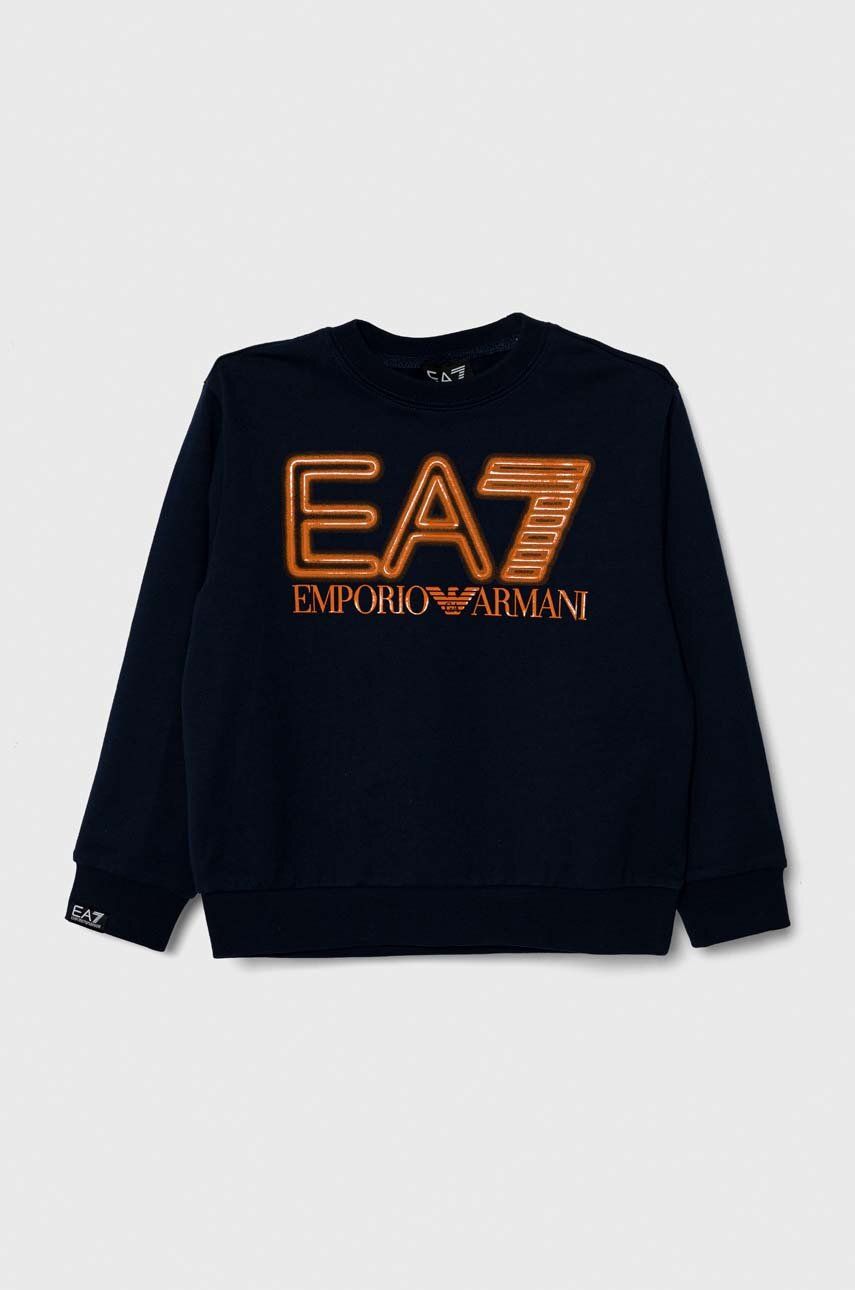 E-shop Dětská bavlněná mikina EA7 Emporio Armani tmavomodrá barva, s potiskem