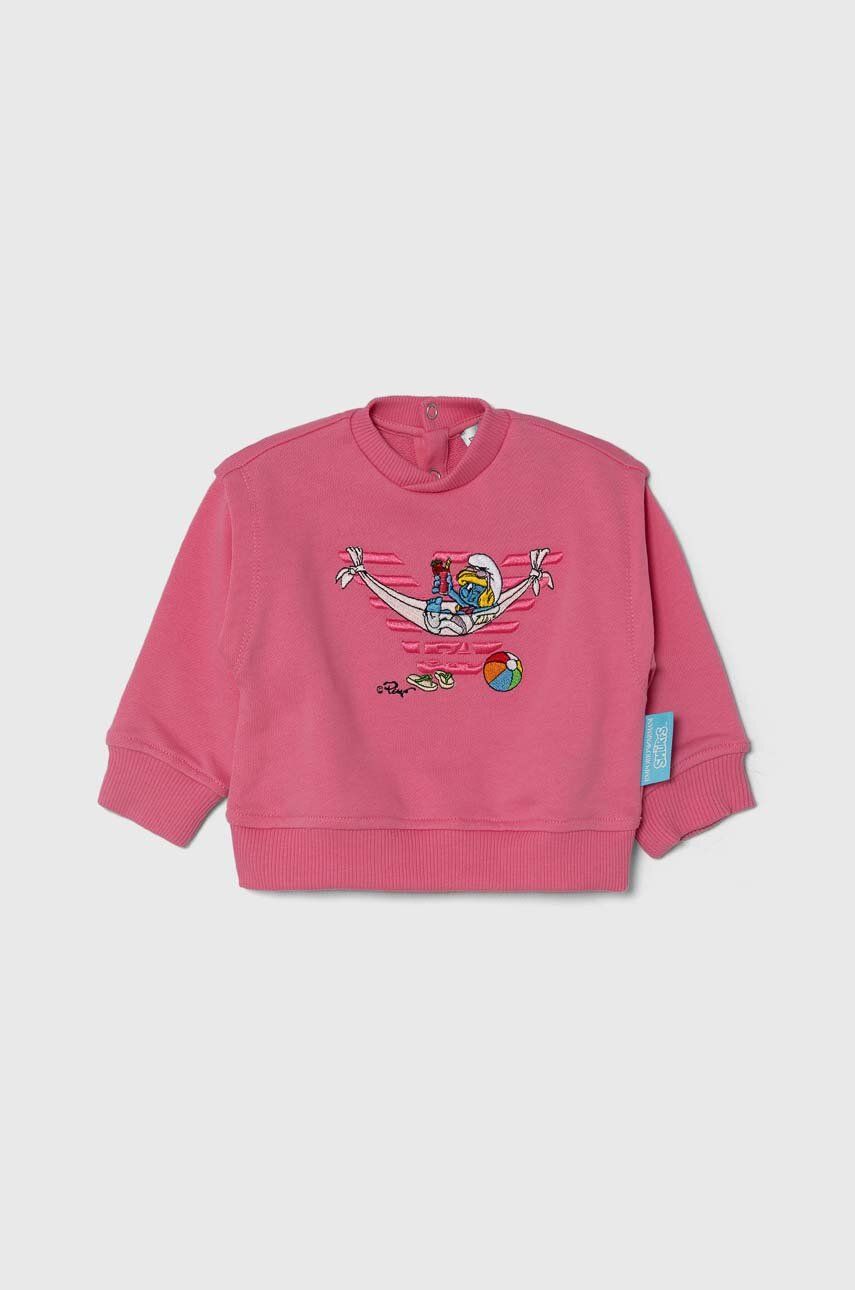 E-shop Dětská bavlněná mikina Emporio Armani x The Smurfs růžová barva, s aplikací