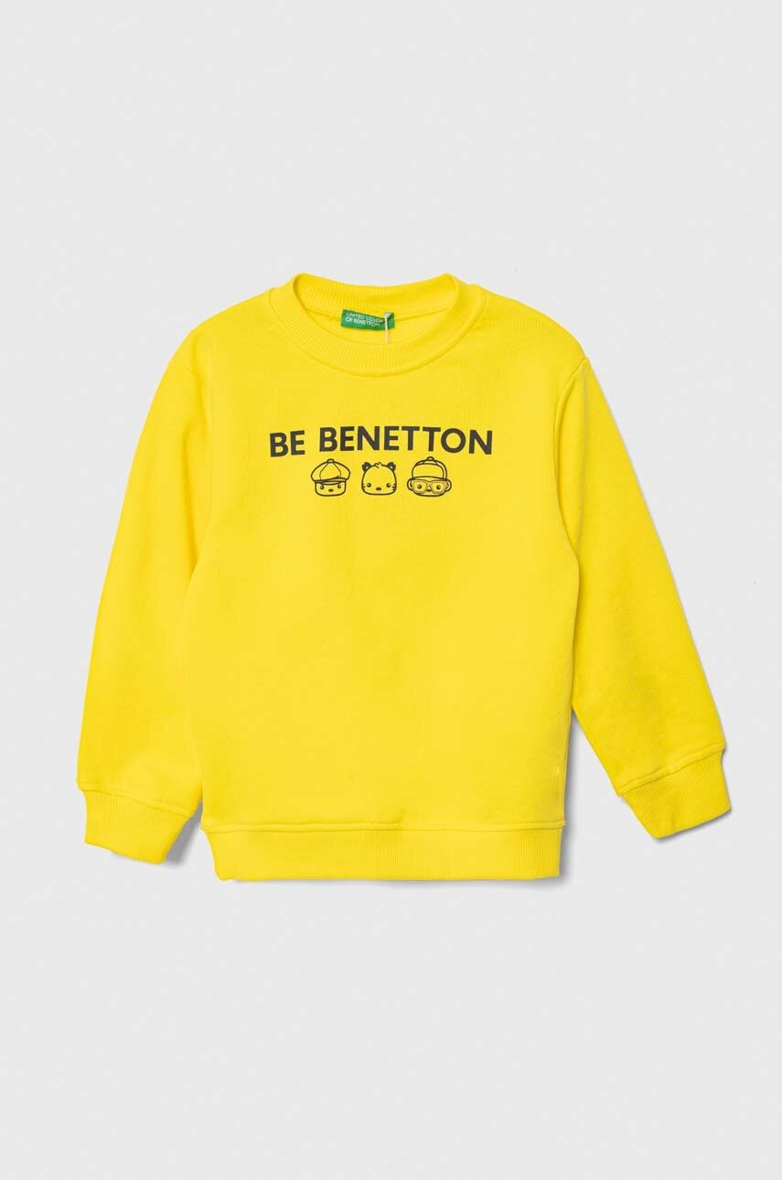United Colors of Benetton hanorac de bumbac pentru copii culoarea galben, cu imprimeu