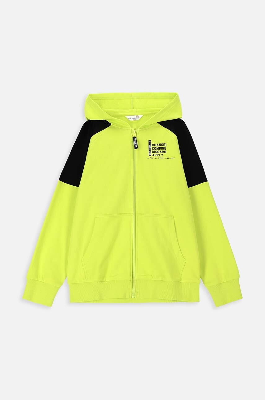 Детская хлопковая кофта Coccodrillo цвет зелёный с капюшоном с принтом