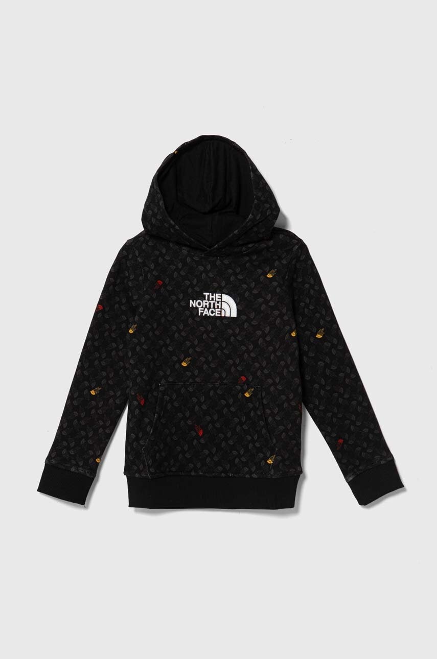 E-shop Dětská bavlněná mikina The North Face DREW PEAK LIGHT P/O HOODIE PRINT černá barva, s kapucí, vzorovaná